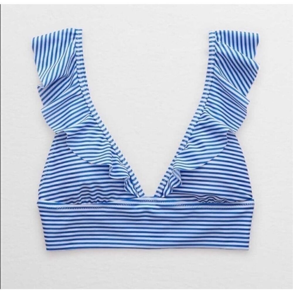 aerie striped ruffle straps v neck longline bikini swim top size S blue/white